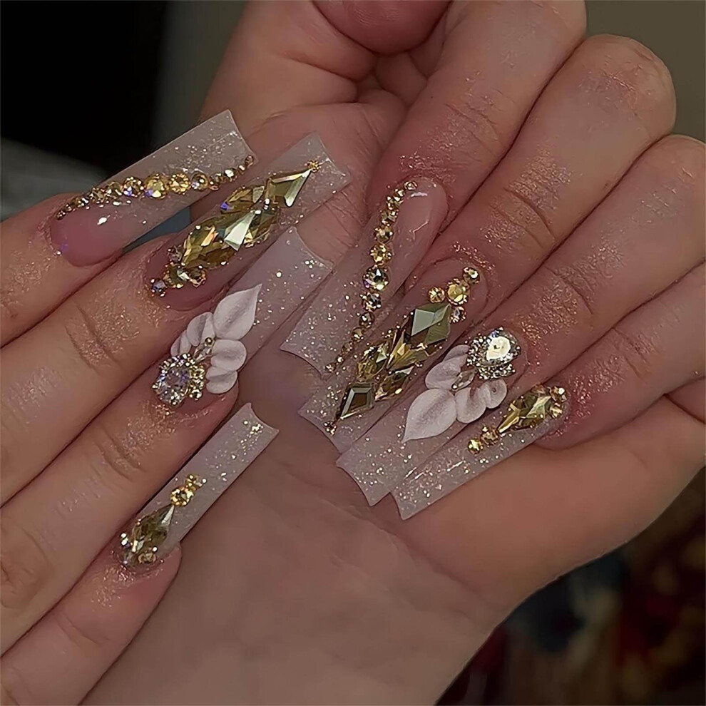 Long Square Press On Nails with Glitter Rhinestones Acrylic False Nails 24PCS Kit for Party Holiday