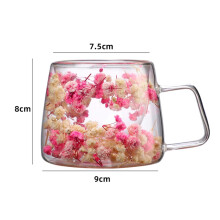 Double Wall Insulated Glass Cup, Dried Flower Mug with Handle, Creative Transparent Coffee Cups, Gift for Women Mom Female, White