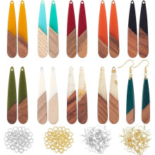 100pcs Resin Wooden Earring Pendants, 14pcs Teardrop Wood Statement Jewelry Findings, Slim Wood Earring Accessories with Hooks & Jump Rings