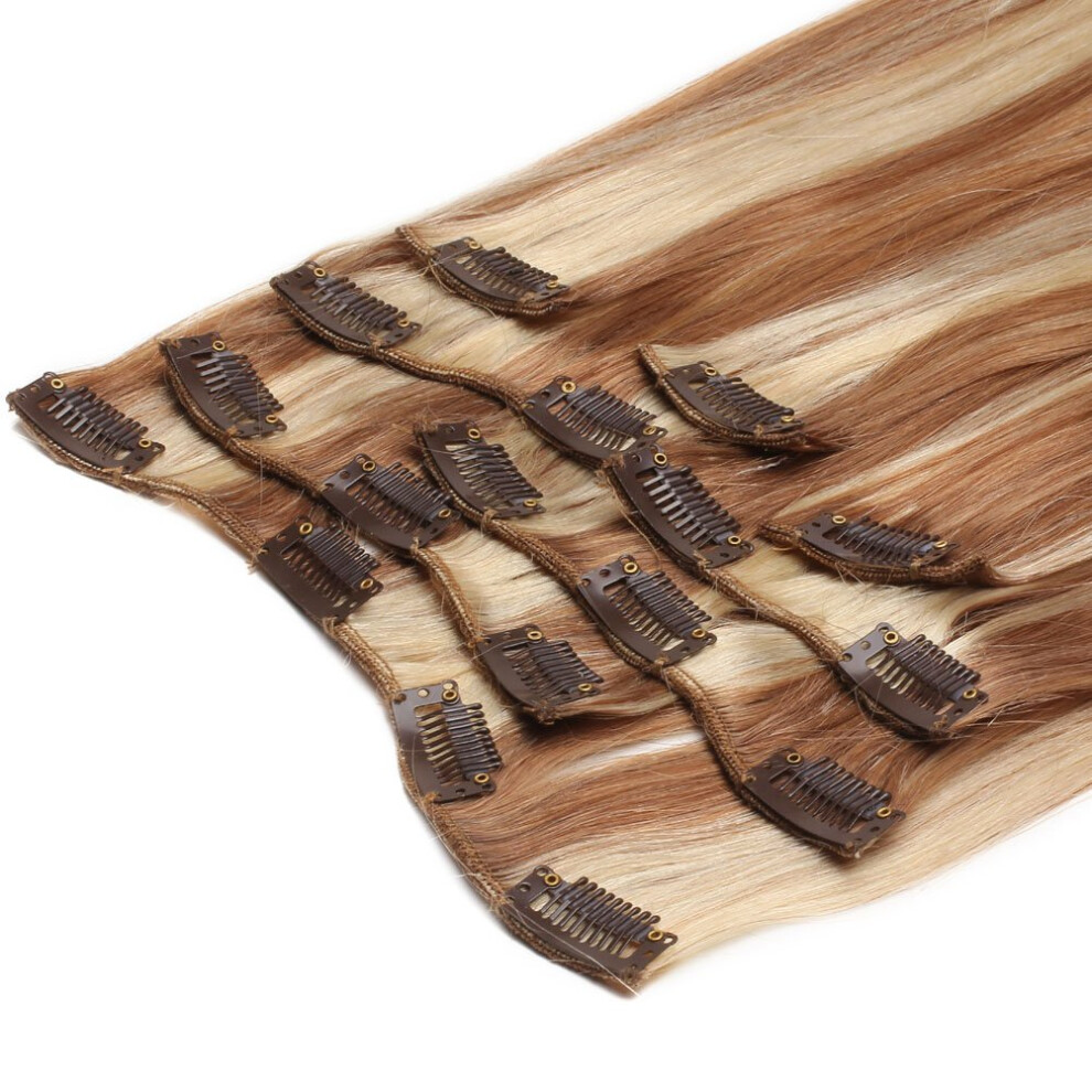 Unisex Remy Human Hair Extensions 20 Inch Clip In Full Head 100G Blonde Highlighted 12/613
