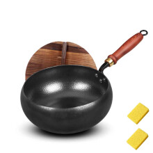 Japanese HandForged Iron Wok 11 Inch Carbon Steel Round Bottom with Wooden Lid Fast Even Heating