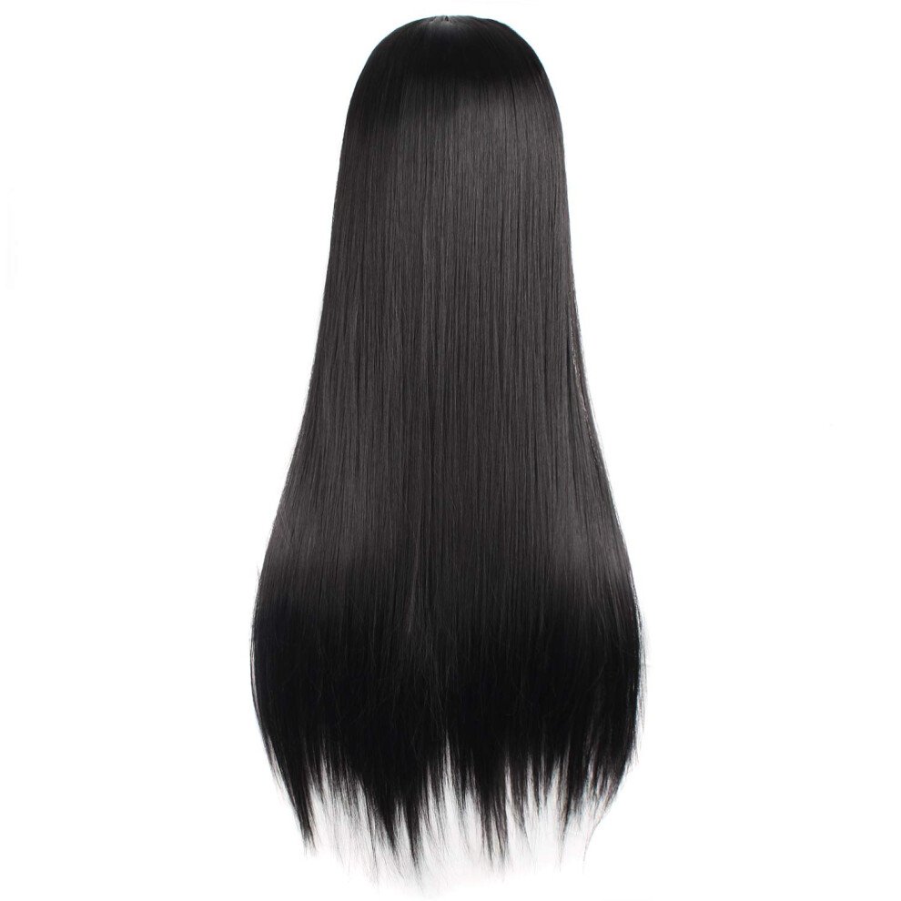 Black Long Straight Synthetic Wig 70cm HeatResistant Fiber with Adjustable Cap for Women