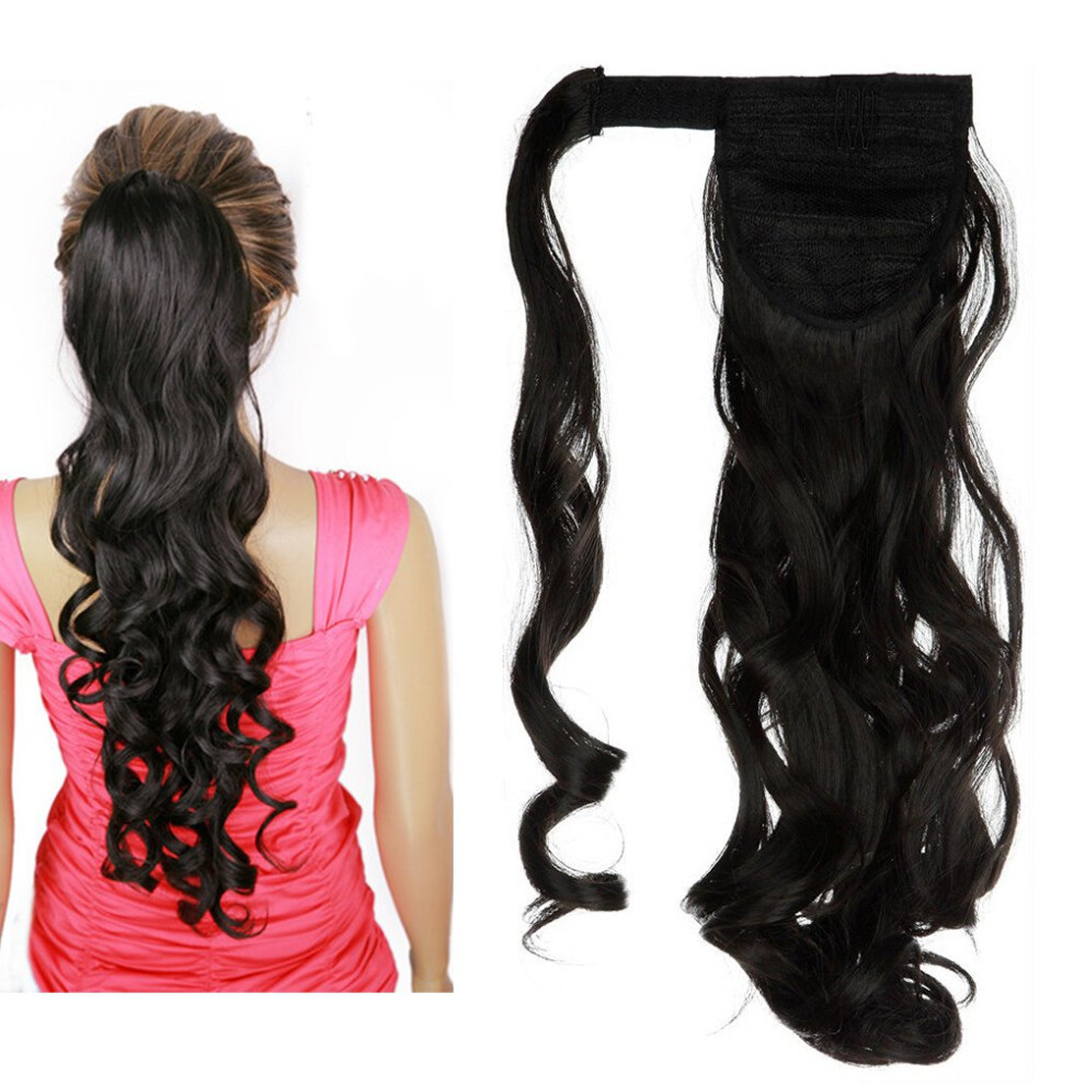 Unisex Black Ponytail Hair Extensions Clip In Curly Wrap Around 24 Inch Natural For Instant Volume Boost