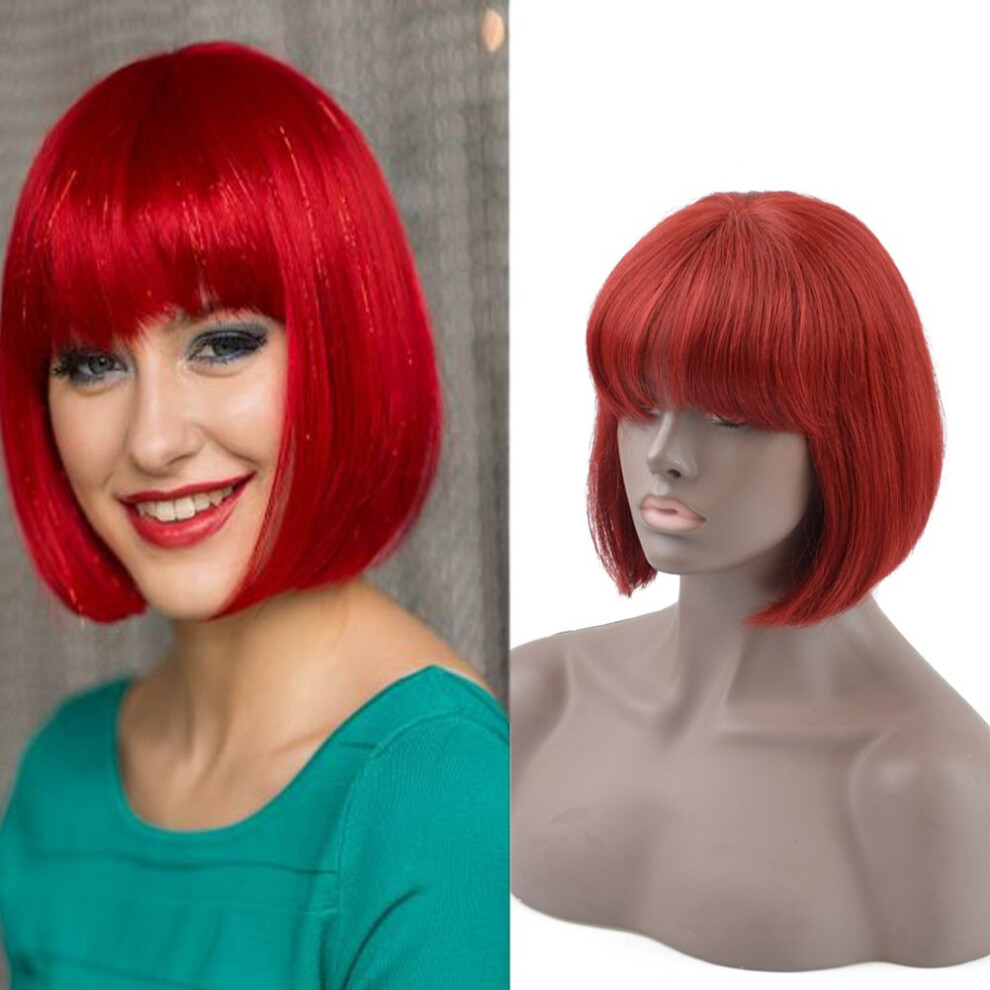 Unisex Black,Red Human Hair Lace Front Wig 99J Red Brazilian Bob Glueless Silk Straight With Bangs For Black Women