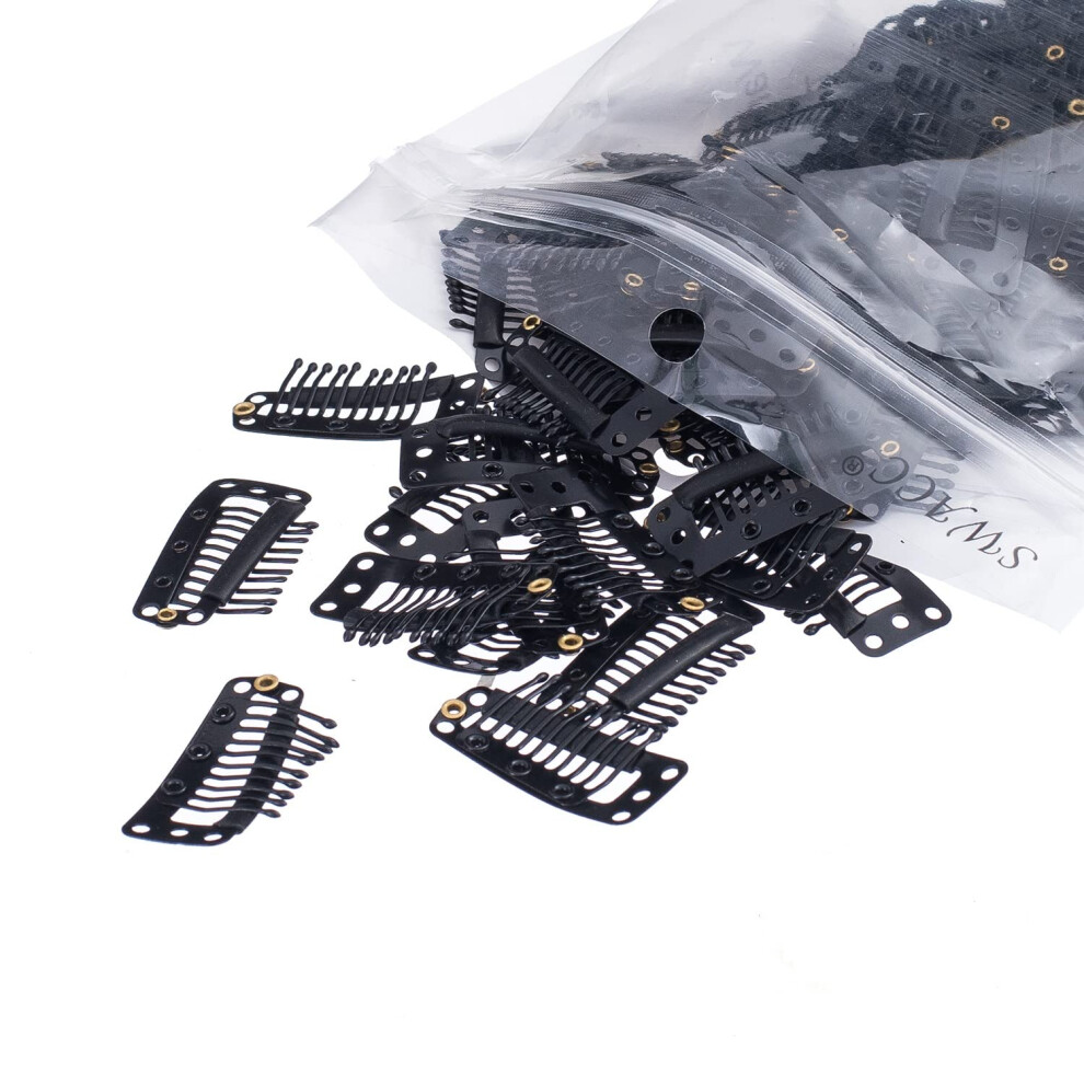 Unisex Black 100Pack U Shape Hair Extension Clips With Rubber, 10Teeth 9Hole Wig Snap Comb Clips