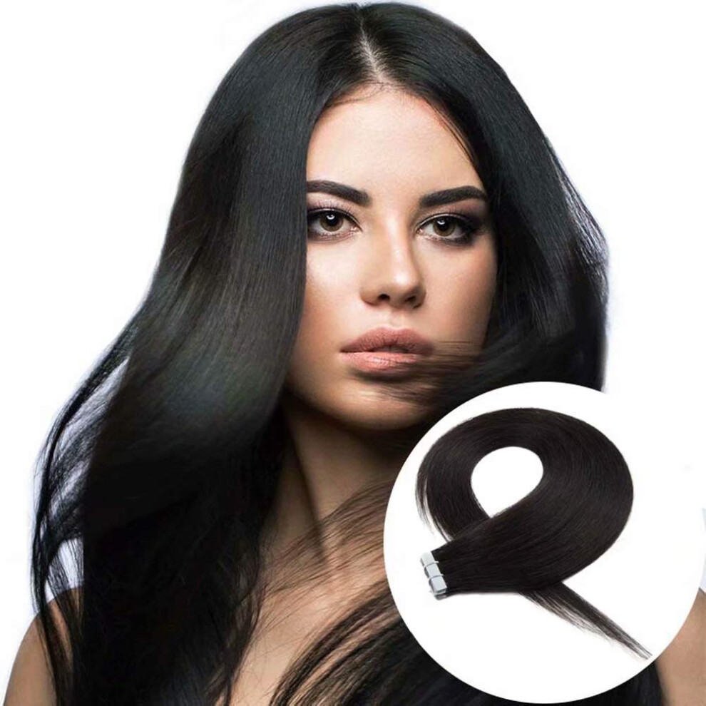 Unisex Black 20 Inch Tape In Remy Human Hair Extensions Skin Weft 1B Natural Seamless Blend 50G