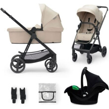 Cochecito 3 en 1 Combinado Kinderkraft NEWLY, con Silla de auto I-size, Sistema de viaje, Ligero 7,5 kg, Plegable, Beige