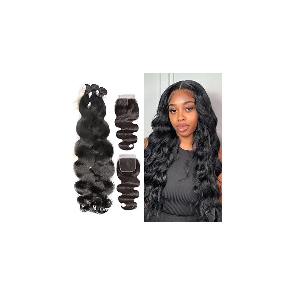 Unisex Brazilian Body Wave Hair Bundles With 12 Inch Middle Part Closure, 14 Inch Virgin Human Hair