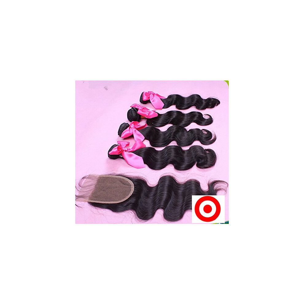 Unisex Cambodian Virgin Human Hair Bundles With 4X4 Lace Closure Body Wave Natural Color 10'+22'24'26'