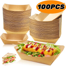 Food Trays Paper Trays Kraft Brown Paper Food Disposable Rectangular Trays for Party 100 Pcs