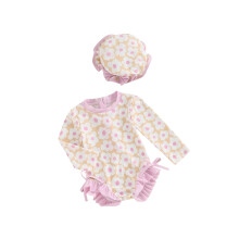 (9-12 Months, Pink) Bikini-Badeanzug für Kleinkinder, Strandbekleidung, langärmeliger Strampler mit Blumen-/Musterprint und Hut