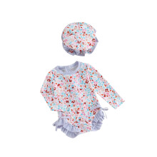 (9-12 Months, Purple) Bikini-Badeanzug für Kleinkinder, Strandbekleidung, langärmeliger Strampler mit Blumen-/Musterprint und Hut