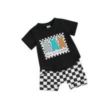 (18-24 Months, Black) Ensemble d'été 2 pièces garçon : T-shirt imprimé lapin et short à carreaux, parfait pour Pâques.