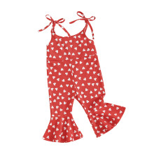(12-18 Months, Red) Jumpsuit voor peutermeisjes voor Valentijnsdag, mouwloos met hartjesprint, spaghettibandjes met strikjes en wijde pijpen.