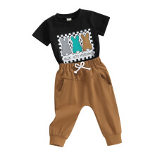 (6-12 Months, Black) Set haine copii mici iepuraș Paște tricou mânecă scurtă + pantaloni cu buzunar