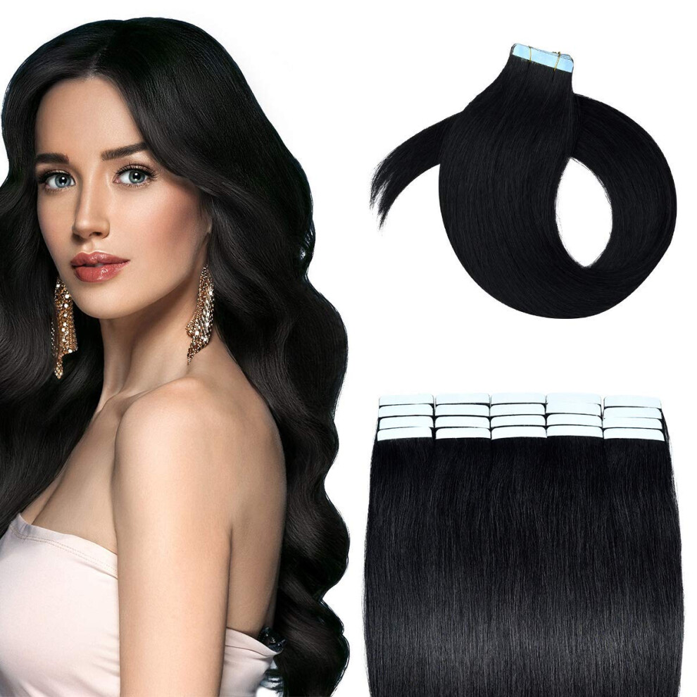 Unisex Black 20 Inch Jet Tape In Hair Extensions Remy Human Hair Seamless Natural Blend Reusable
