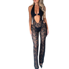 (S, Black) Tuta intera da donna in pizzo, scollo all'americana, senza maniche, pantaloni lunghi, body estivo