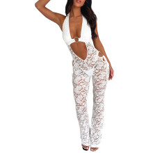 (S, White) Tuta intera da donna in pizzo, scollo all'americana, senza maniche, pantaloni lunghi, body estivo