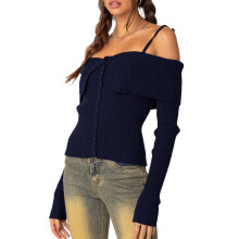 (XL, Blue) Pulls en maille fine pour femmes, automne, couleur unie, épaules dénudées, manches longues, vêtements en maille