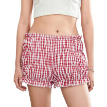 (M, Red) Short d'été à volants pour femme, imprimé à carreaux, taille élastique, idéal pour la plage, les soirées et le streetwear.