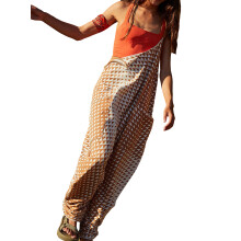 (L, Khaki) Tuta lunga da donna con stampa alla moda, senza maniche, con spalline sottili, modello ampio, pantaloni e tasche.