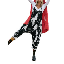 (L, Black) Tuta lunga da donna con stampa alla moda, senza maniche, con spalline sottili, modello ampio, pantaloni e tasche.