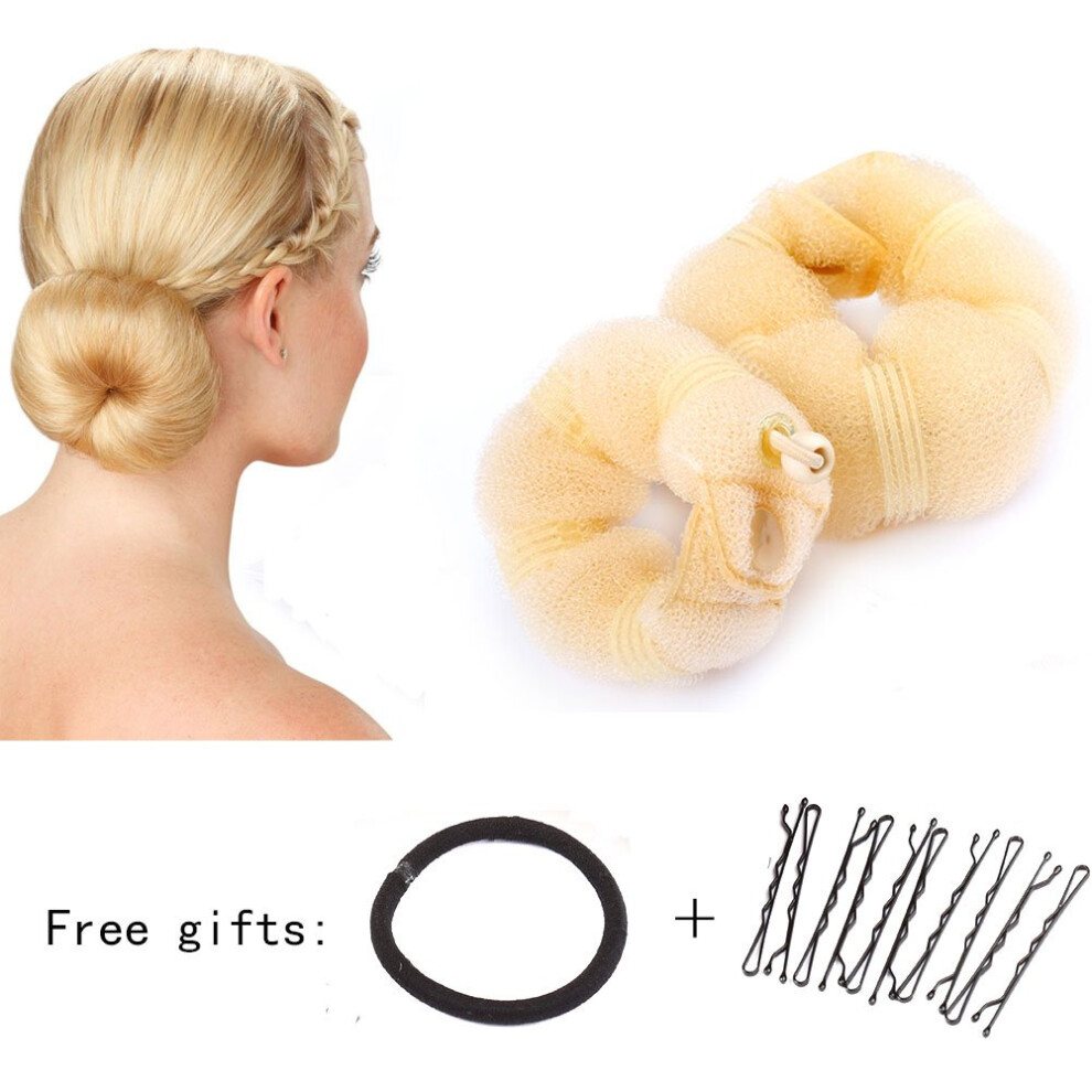 Unisex Donut Hair Bun Maker Set Blonde Dual Size With Clips And Elastic For Kids And Adults