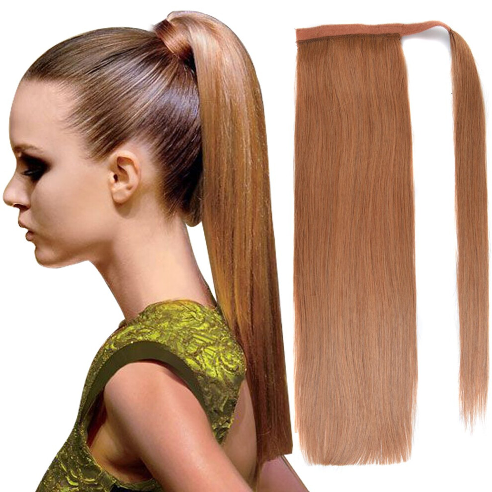 Unisex Brown 18 Inch Straight Human Hair Ponytail Extension Light Wrap Around Hairpiece For Women