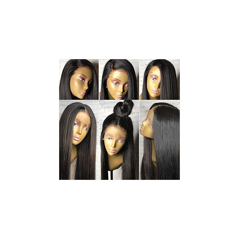 Unisex Black 16 Inch Brazilian Light Yaki 360 Lace Frontal Wig With Baby Hair And Natural Hairline