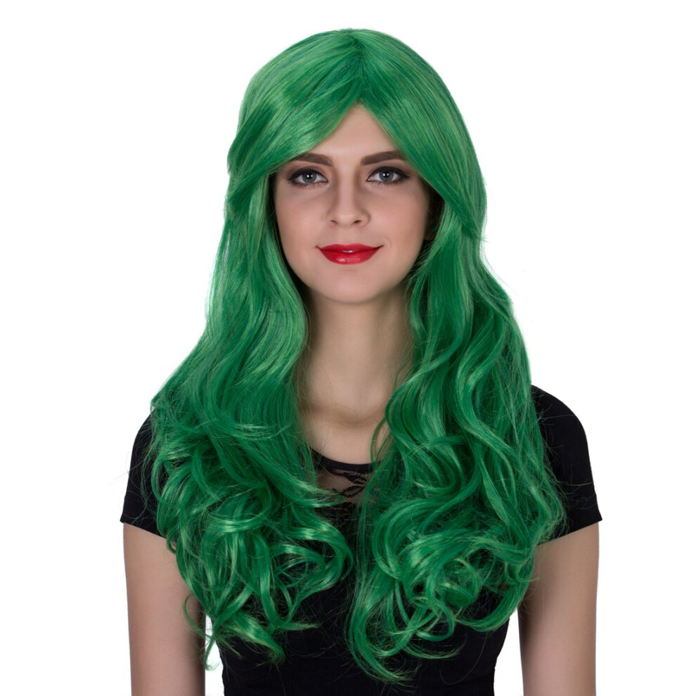 Unisex Green Long Curly Synthetic Wig With Natural Hair Texture, Durable Cosplay Costume Wig