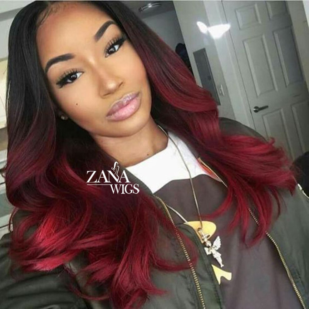Unisex Black Ombre Brazilian Body Wave Human Hair Lace Front Wig Glueless Natural Hairline For Women