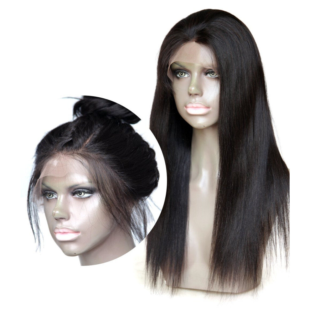 Unisex Black Human Hair Lace Front Wig Glueless Brazilian Remy Yaki Straight 130 Density Natural Hairline 14 Inch For Women