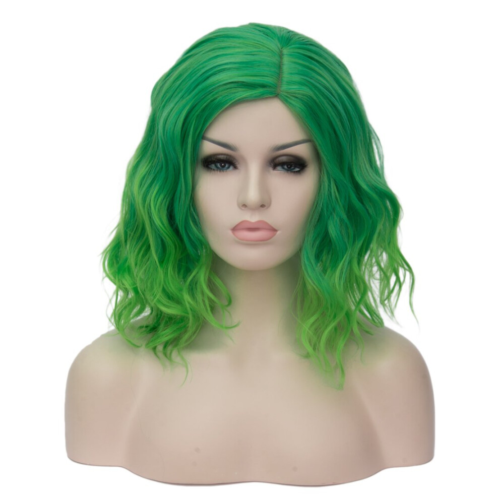 Ombre Green Short Curly Bob Wig for Women Fluffy Wavy Heat Resistant Synthetic Hair