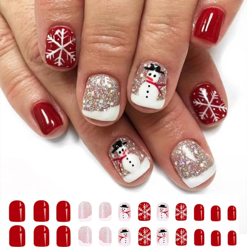 ZPAQI Christmas Press on Nails Short Square False Nail Snowflake Designs 24Pcs