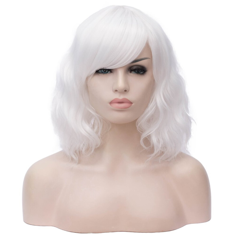Unisex White Synthetic Cosplay Wig 16 Inch Shoulder Length With Bangs Heat Resistant For Natural Look