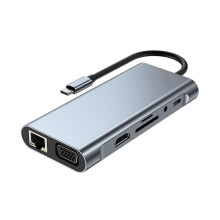 11-in-1 USB-C dock, USB hub 3.0, splitter, multiport adapter, 4K compatible, RJ45, SD/TF, VGA, PD, audio