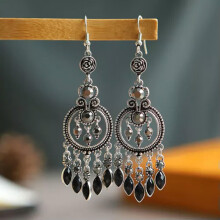 RSAMD Retro Round Flower Indian Drop Earrings Ethnic Blue Rhinestone Tassel Earrings-Style 4