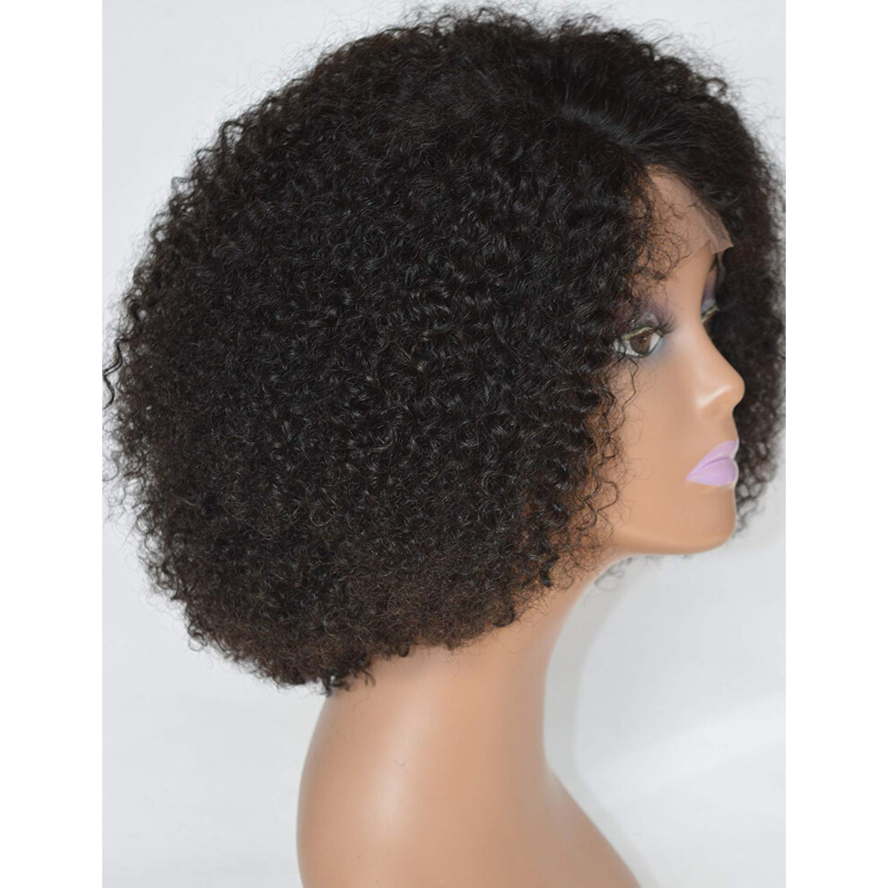 Unisex 8 Inch Glueless Kinky Curly Human Hair Lace Front Wig Brazilian Remy Pre Plucked Natural Hair