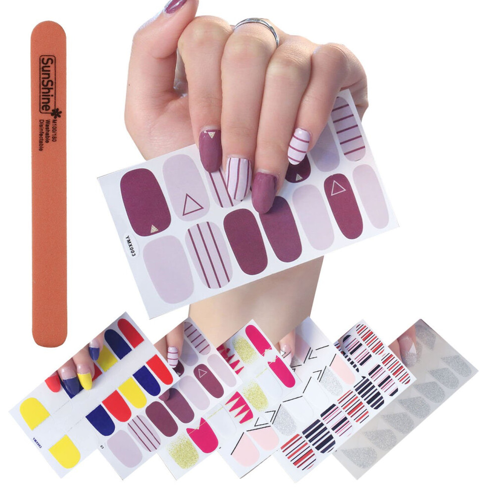 6 Sheets SelfAdhesive Nail Stickers with File, Full Cover Nail Wraps for Quick Manicure