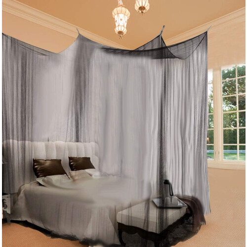 Mosquito Net Bed Canopy Black Polyester Four Corner Post with Screws for Queen King Size Bed 1