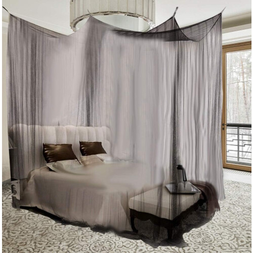 Mosquito Net Bed Canopy Black Polyester Four Corner Post with Screws for Queen King Size Bed 2