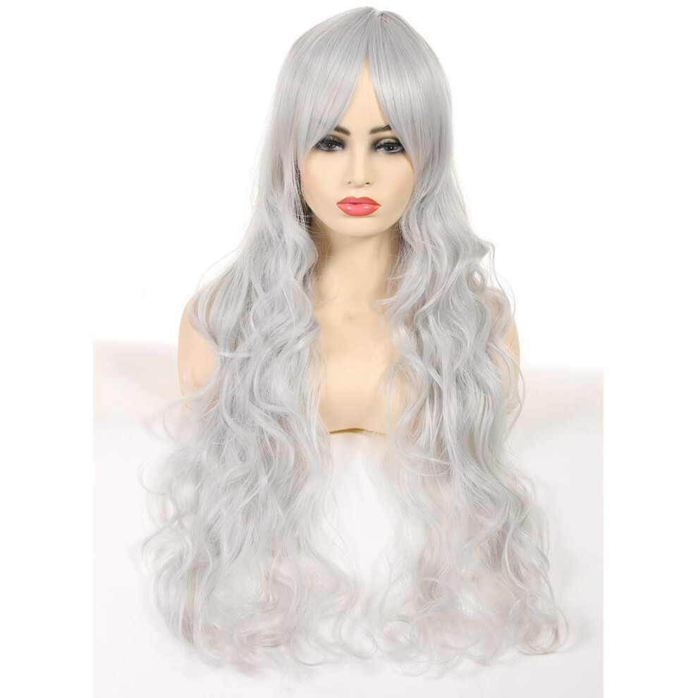 Unisex Silver Gray Long Curly Wig For Women Natural Hairlike Heat Resistant Synthetic Cosplay Party