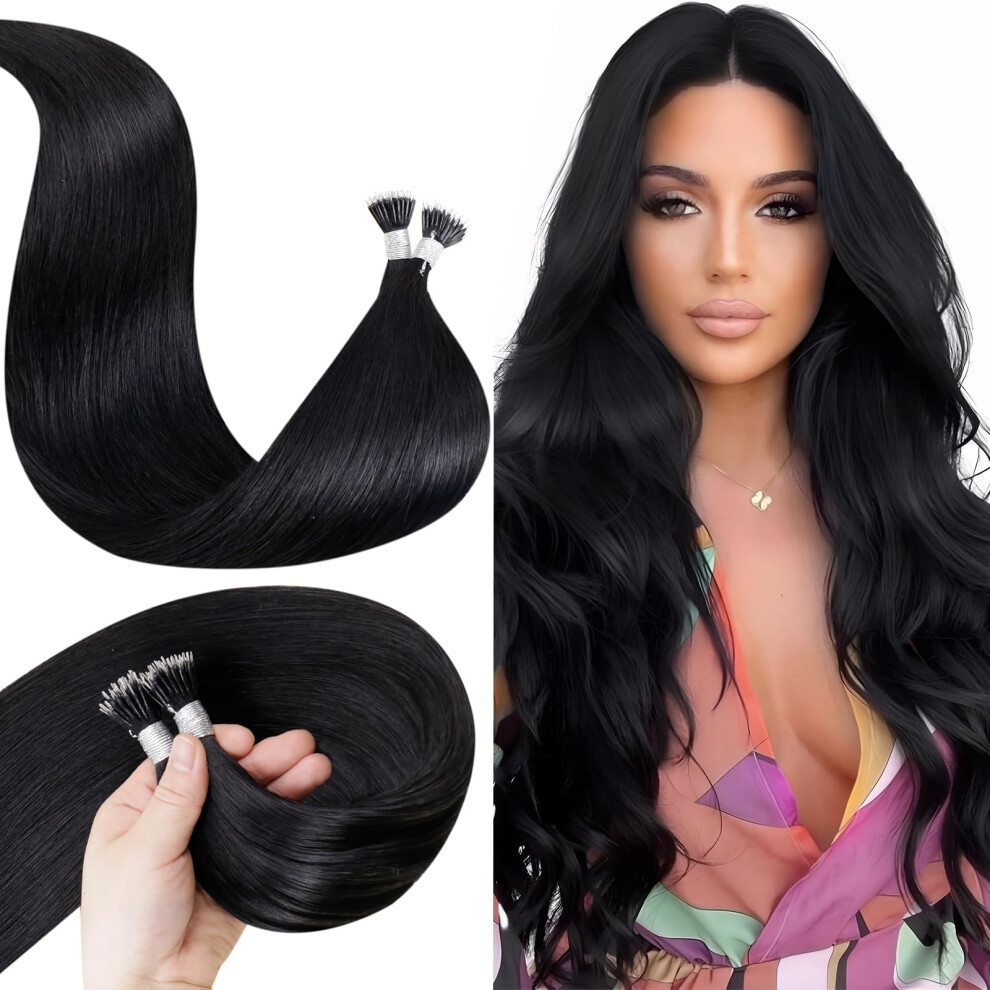 Unisex Black Nano Bead Hair Extensions Real Human Hair Jet 22 Inch Nano Ring Pre Bonded 50G