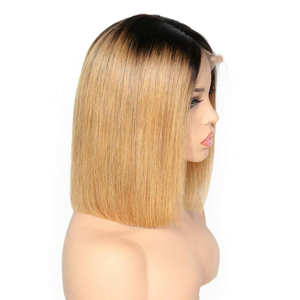 Unisex 12 Inch Ombre Human Hair Bob Wig 1B/27 Honey Blonde Lace Front Wig Pre Plucked Natural Hairline