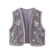 (L, Gray) Damesvestjes met borduurwerk, klassiek mouwloos vest met open voorkant, fluwelen vest, herfstbovenkleding