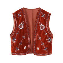 (S, Red) Damesvestjes met borduurwerk, klassiek mouwloos vest met open voorkant, fluwelen vest, herfstbovenkleding