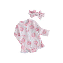 (12-18 Months, Pink) Maillot de bain bikini pour bébé fille, imprimé floral/glace, manches longues, fermeture éclair.