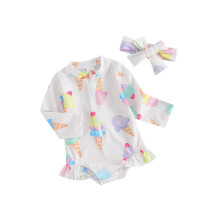 (0-6 Months, Multicolor) Maillot de bain bikini pour bébé fille, imprimé floral/glace, manches longues, fermeture éclair.
