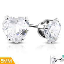 Stud Earrings in Surgical Steel 316L in Silver Color - Heart / Heart Shaped White/Clear Cubic Zircon - 5 mm Silver