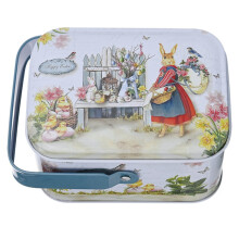 Vintage Metal Easter Cookie Box with Bunny Pattern, Candy Tin Jar & Storage Container w/ Handle, Party Favor Basket Stuffer - Compatible with Easter